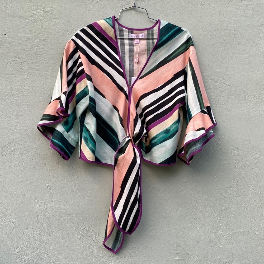 Red Carter Cotton Linen Strip Blouse Top